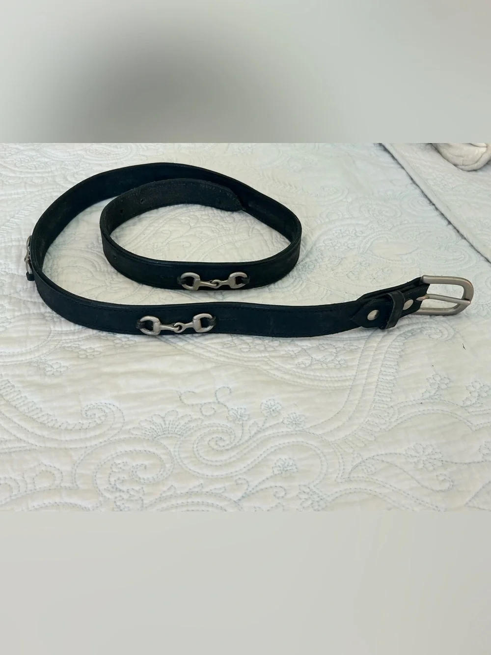 Black Leather Equestrian Belt with Silver Bit Detail - 43